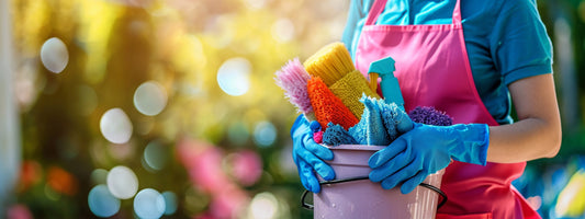 Seau avec chiffons en microfibre et brosses pour nettoyage de printemps.